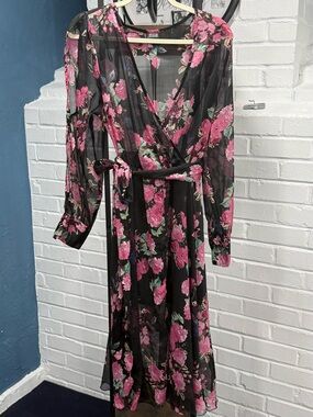Black Sheer Floral Wrap Dress with Pink Roses